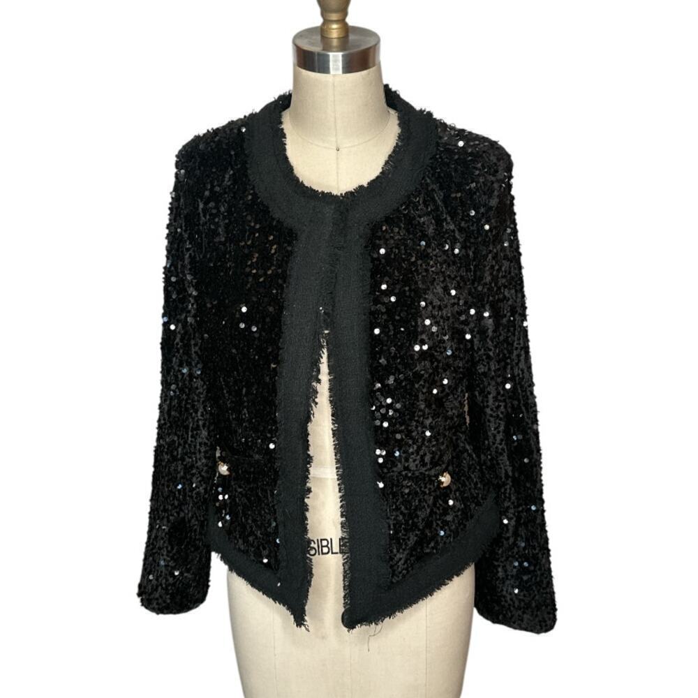 Nanette Lepore Black Sequins Velvet Pearl Buttons Open Front Jackets Women's 4